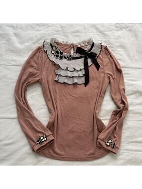Axes Femme Mauve Pink Ruffle Ribbon Bow Top Size M Japan